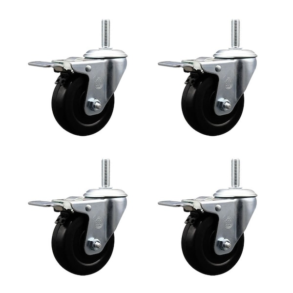 4 Inch Hard Rubber Swivel 34 Inch Threaded Stem Caster Set with Total Lock Brake